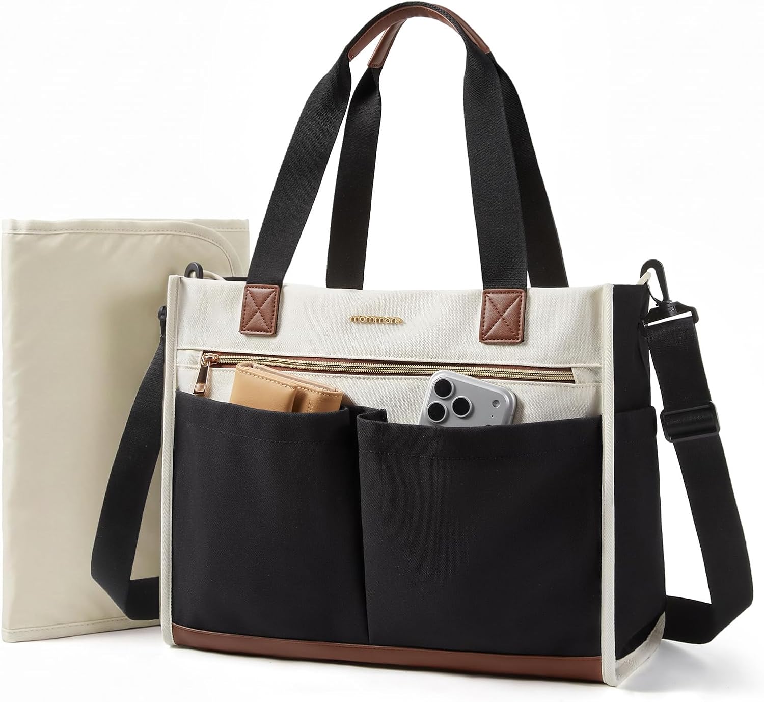 mommore Canvas Travel Tote Bag Large Diaper Bag Tote Stylish Black and White