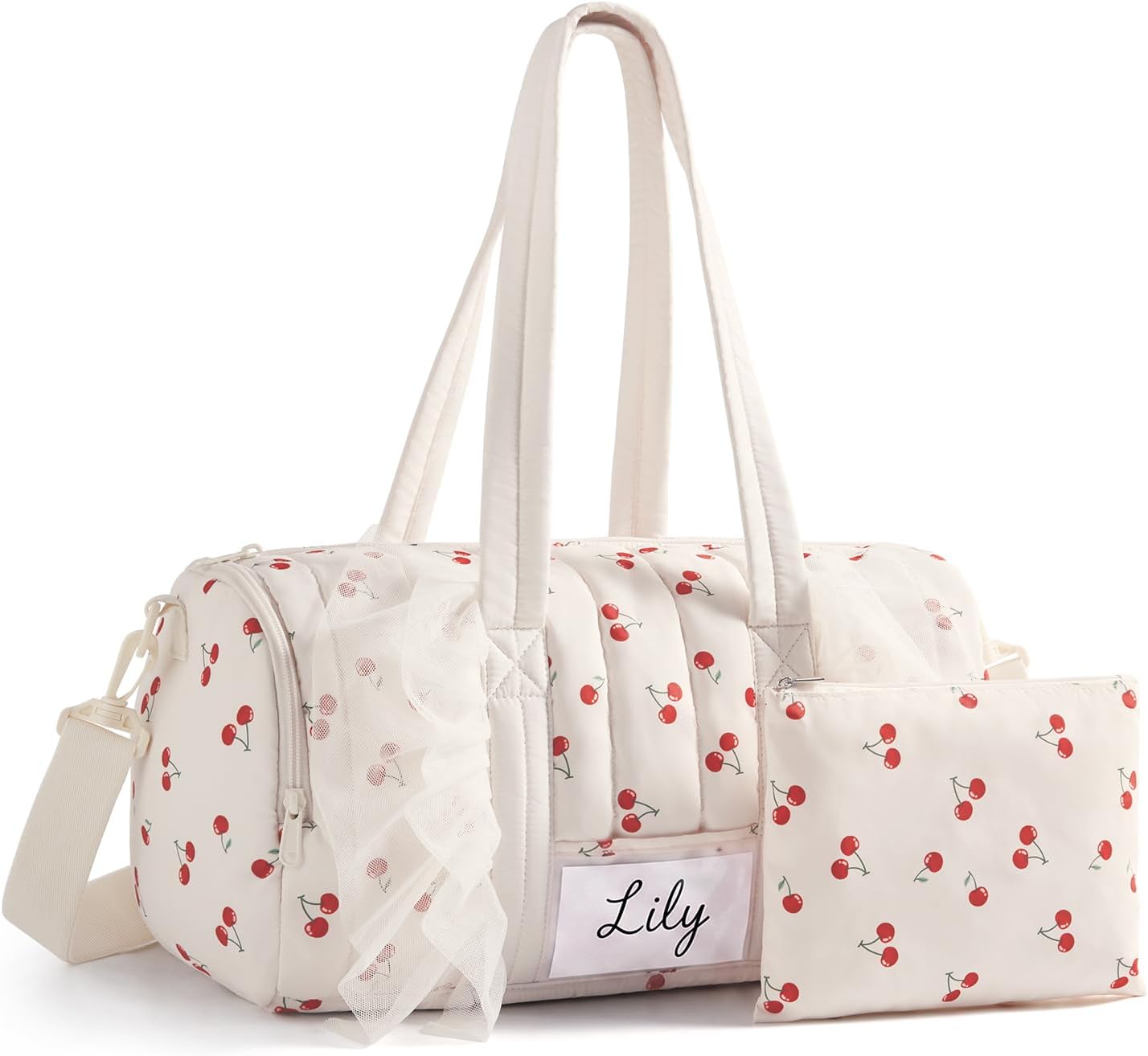 Mommore Puffy Ballet Dance Bag for Girls 6-10 with Makeup Bag, Beige Cherry