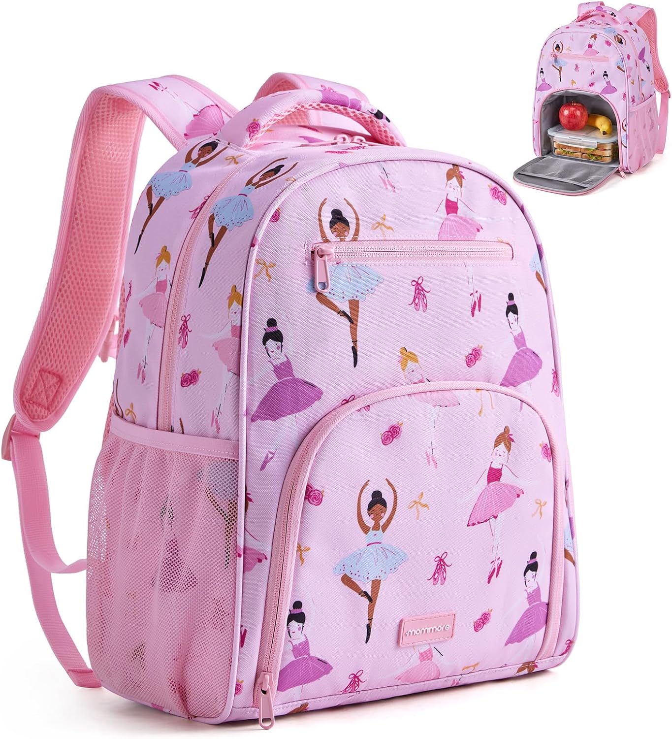 mommore 2-in-1 Kids Backpack for Boys Girls 4-8 with Insulated Lunch Pocket Ballet Pink