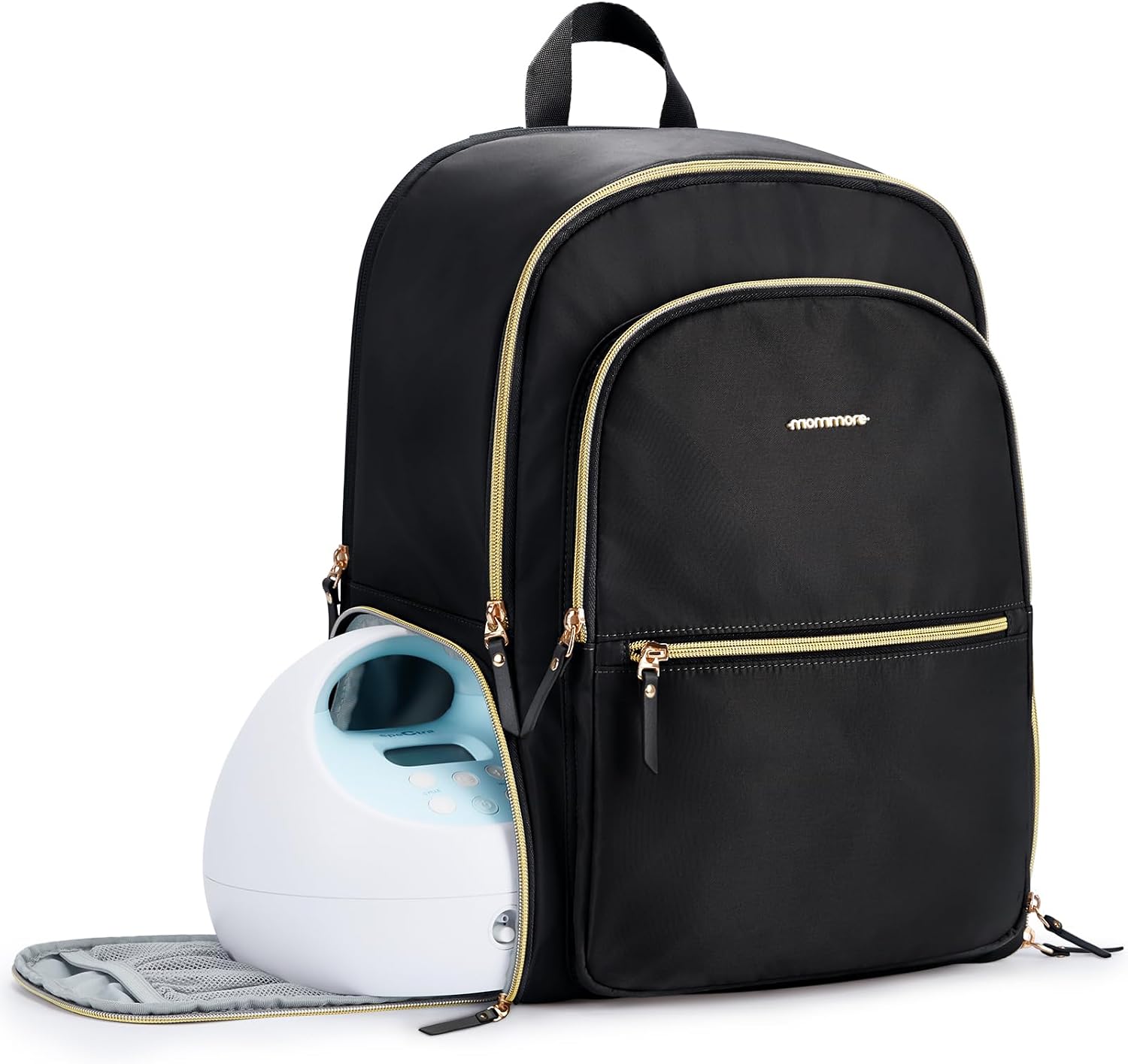 mommore Breast Pump Bag with Cooler Pocket for Milk Storage, Fits Spectra S1, S2 / Medela, Stylish Diaper Bag Backpack with Padded Laptop Sleeve for Work Travel Black