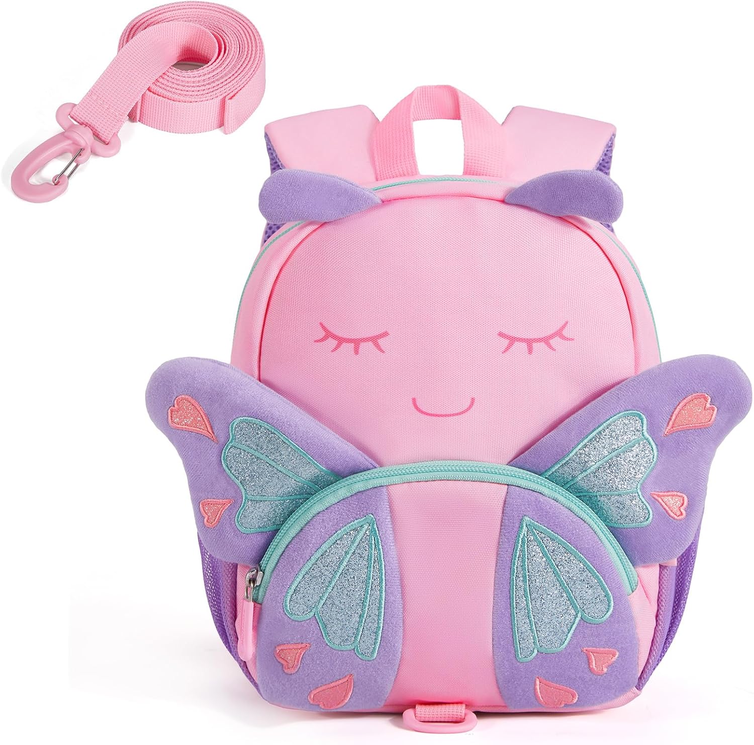 mommore Toddler Backpack for Girls 2-4, 3D Cartoon Cute Kids Backpack Water-Resistant Compact for Travel Preschool with Toddler Leash, Chest Buckle, Butterfly Purple Butterfly