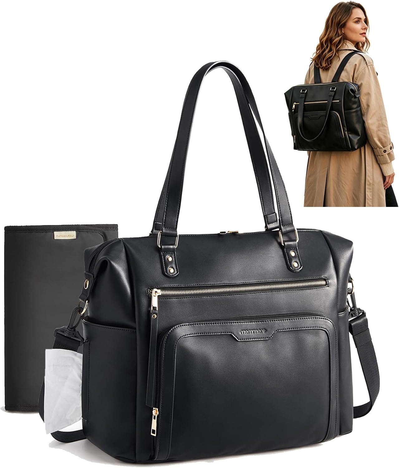 mommore Vegan Leather Convertible Diaper Bag Backpack, Crossbody Bag Tote Black