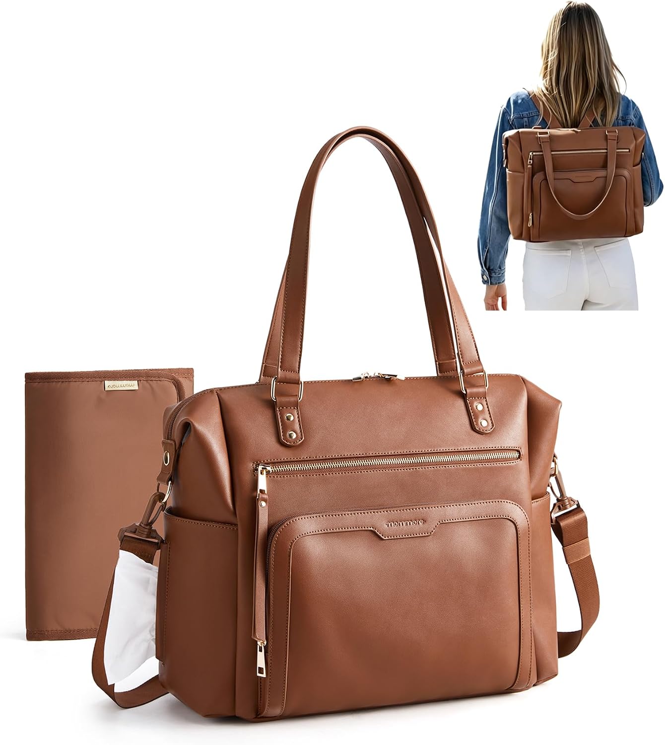 mommore Vegan Leather Convertible Diaper Bag Backpack, Crossbody Bag Tote Dark Brown