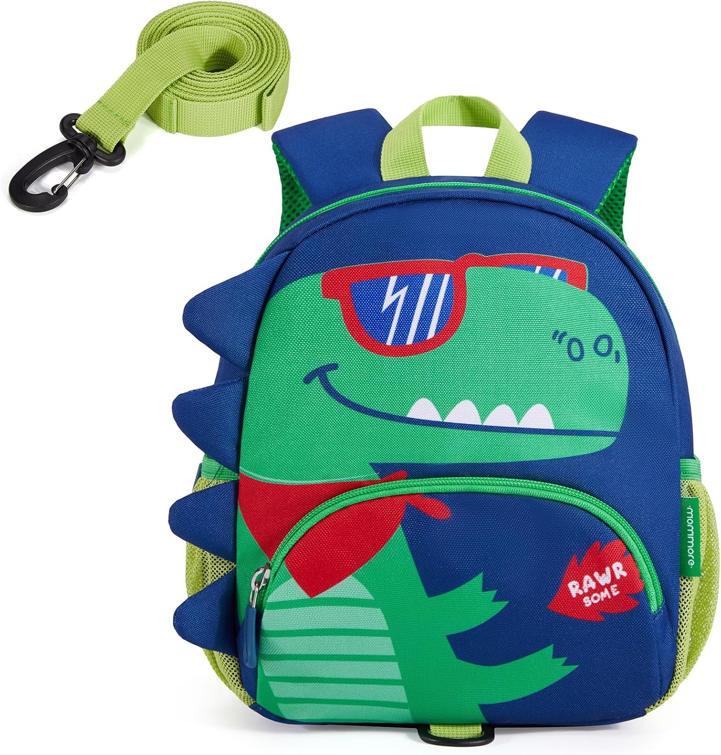 mommore Toddler Backpack for Boys 2-4, 3D Cartoon Cute Kids Dinosaur Backpack Water-Resistant Compact for Travel Preschool with Leash, Chest Buckle Green Dinosaur
