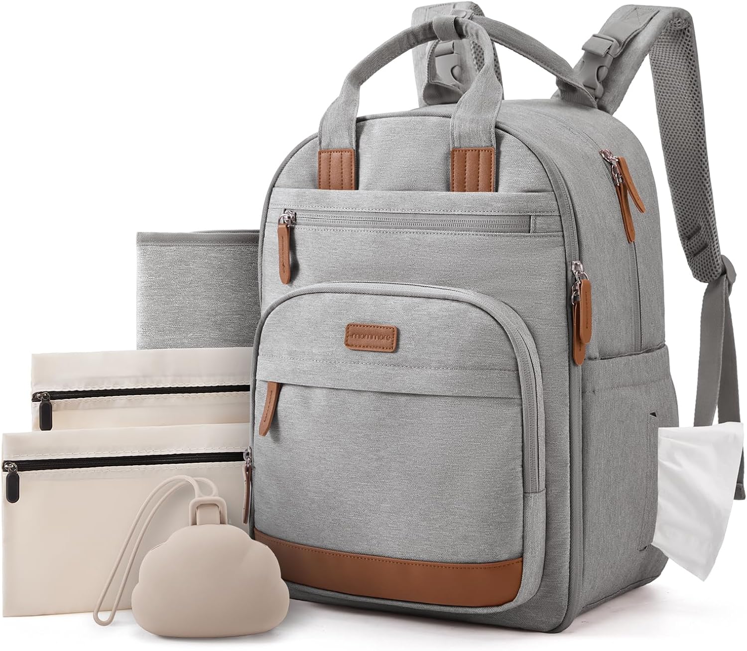 mommore Baby Diaper Bag with Waterproof Changing Pad, Light Gray