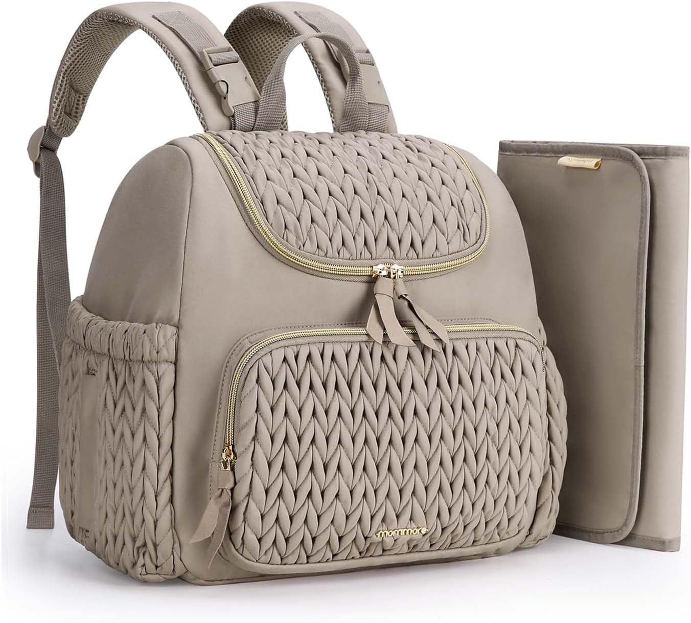 mommore Diaper Bag Backpack, Stylish Mini Baby Bag with Changing Pad Brown Taupe