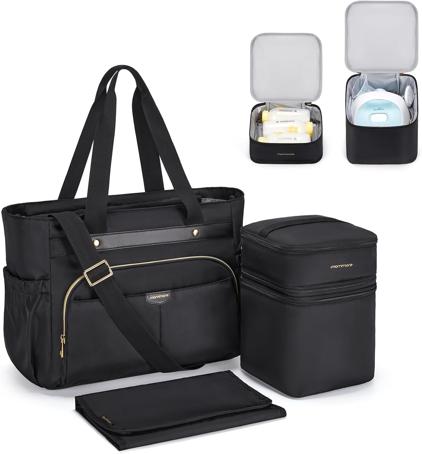 mommore Breast Pump Bag with Cooler for Medela, Spectra S1, S2, Diaper Bag Tote with Changing Pad, Baby Bag for Work