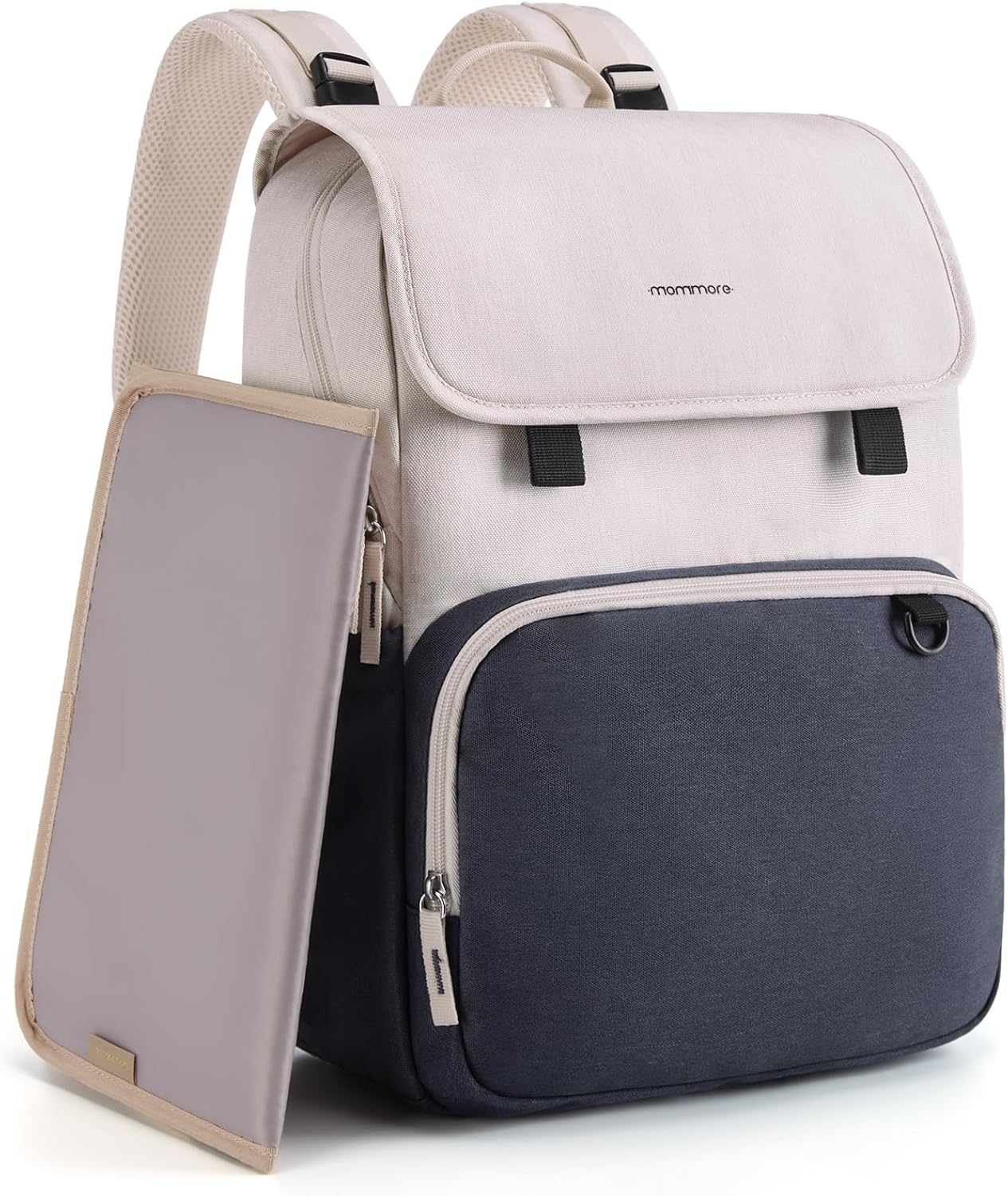 mommore Diaper Bag Backpack Unisex Baby Bag Large Diaper Bag with Changing Pad, Insulated Pockets, Stroller Buckles, Durable Travel Backpack with Luggage Strap Beige+navy Blue