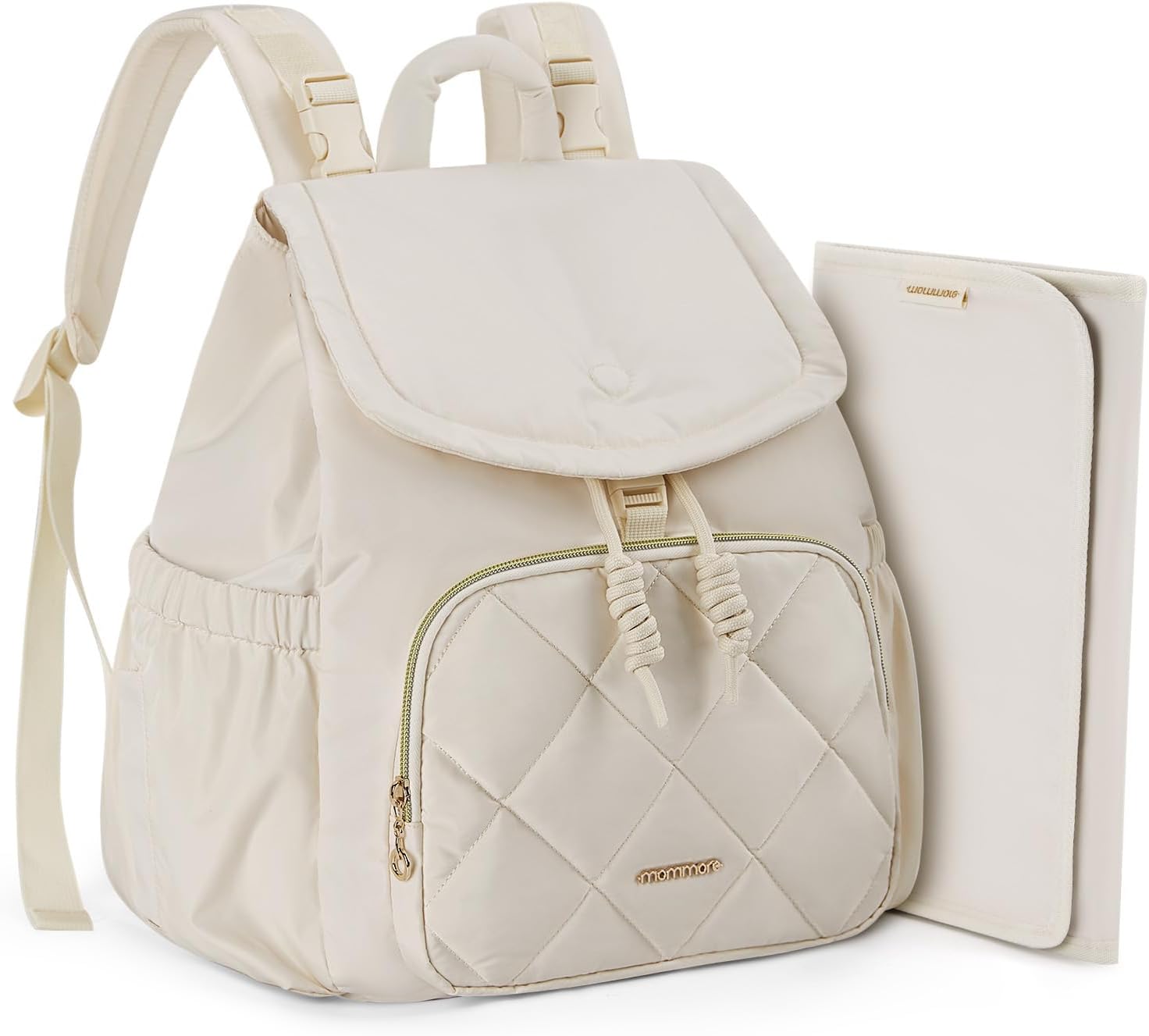 mommore Diaper Bag Backpack, Small Diaper Backpack for Travel, Drawstring Puffer Diaper Bag, Lightweight Quilted Baby Bag with Stroller Straps, Changing Pad Drawstring-beige