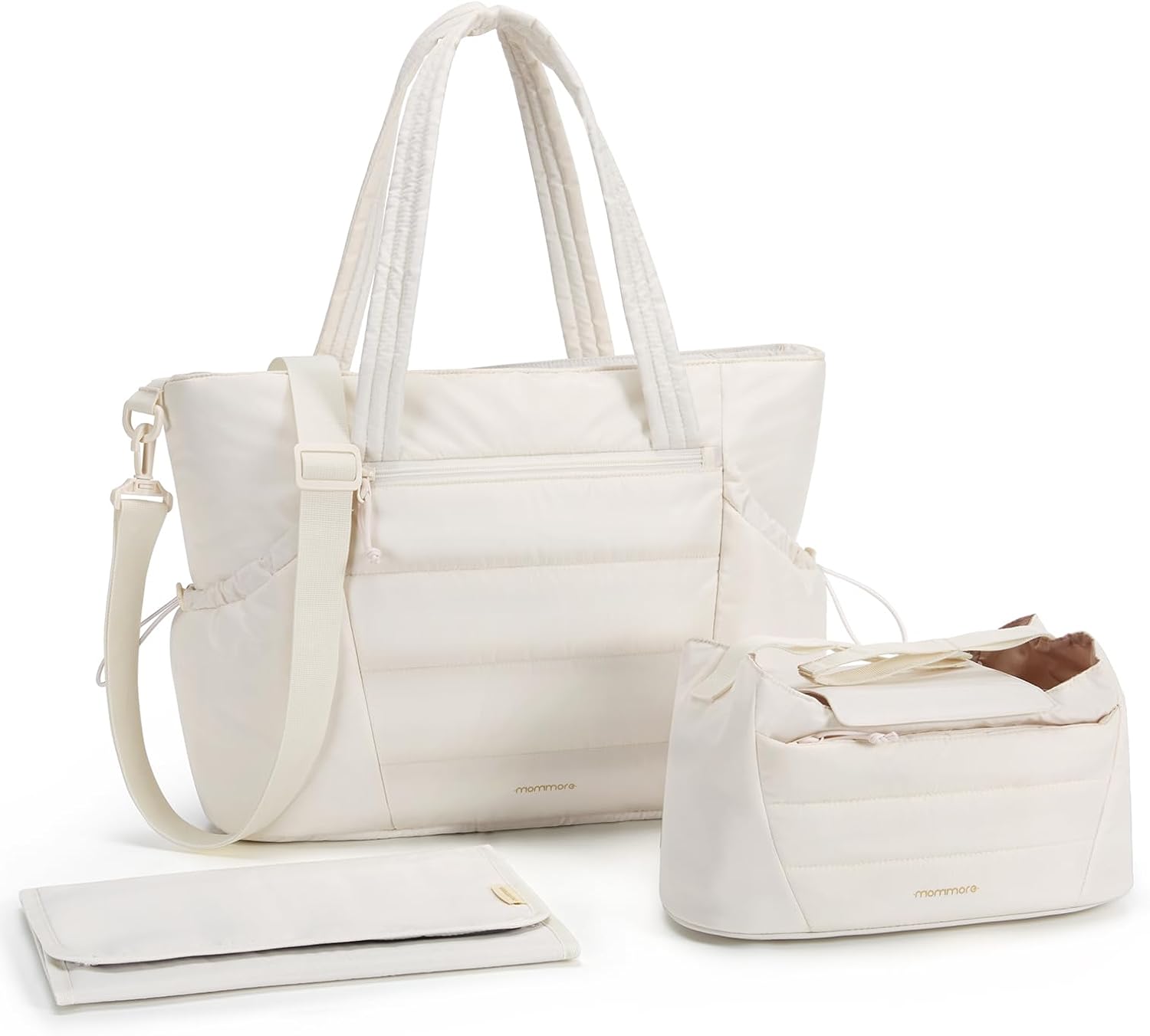 mommore Diaper Bag Tote with Stroller Organizer, Puffy Travel Baby Tote Beige