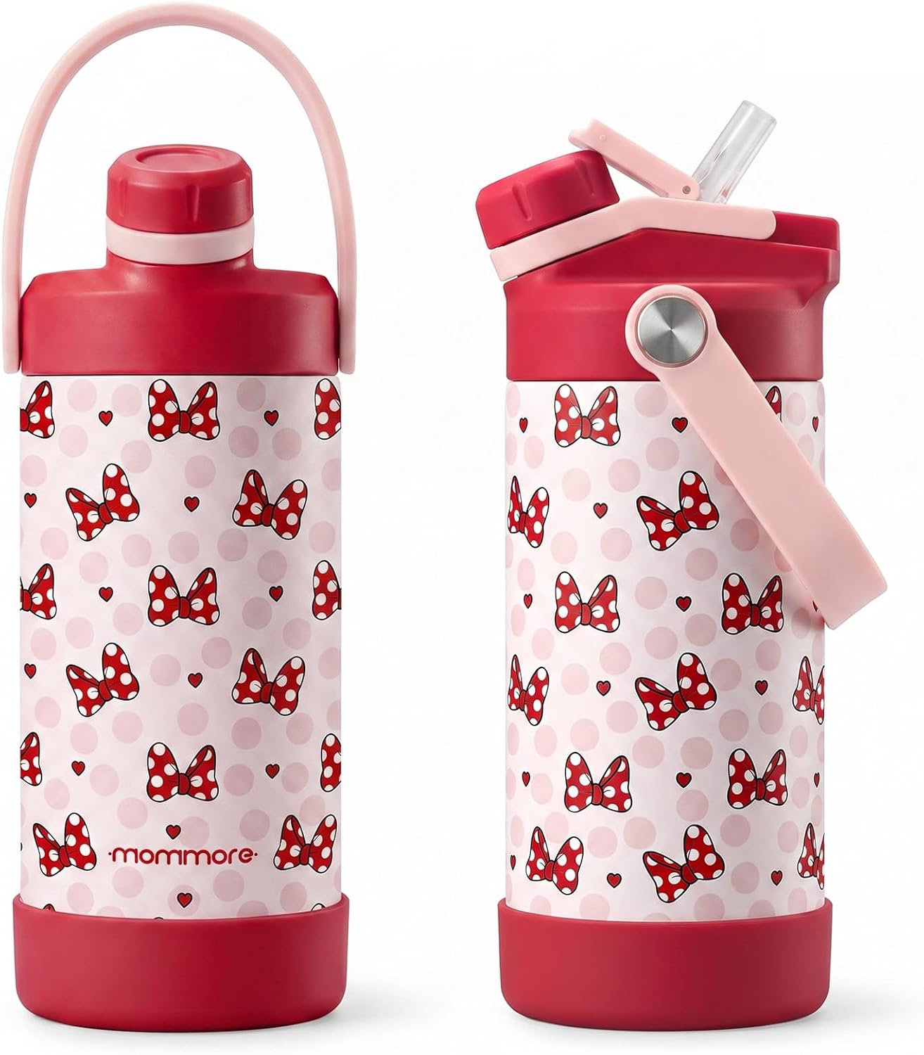 Mommore 12 oz Kids Insulated Water Bottle, 2-in-1 Chug & Straw, Polka Dot Bow Red