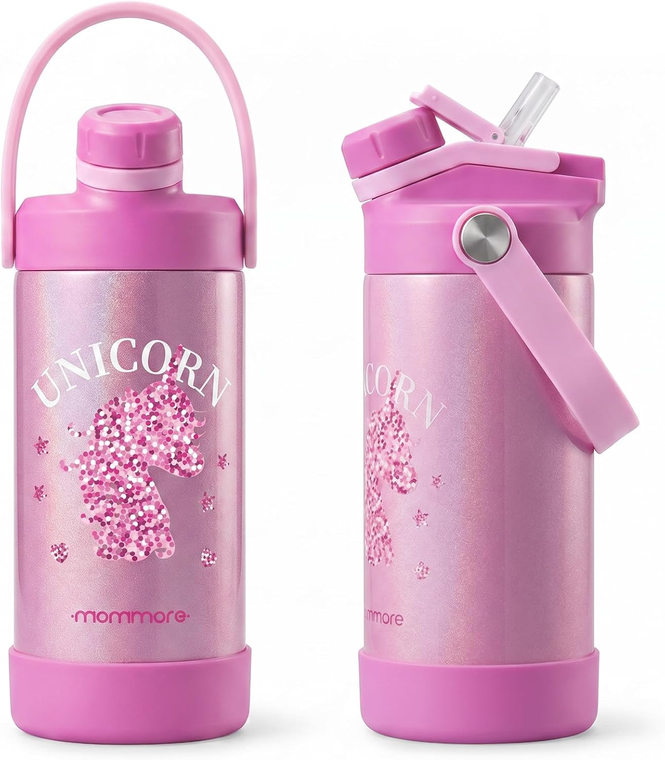 Mommore 12 oz Kids Insulated Water Bottle, 2-in-1 Chug & Straw, Rainbow Glossy Unicorn
