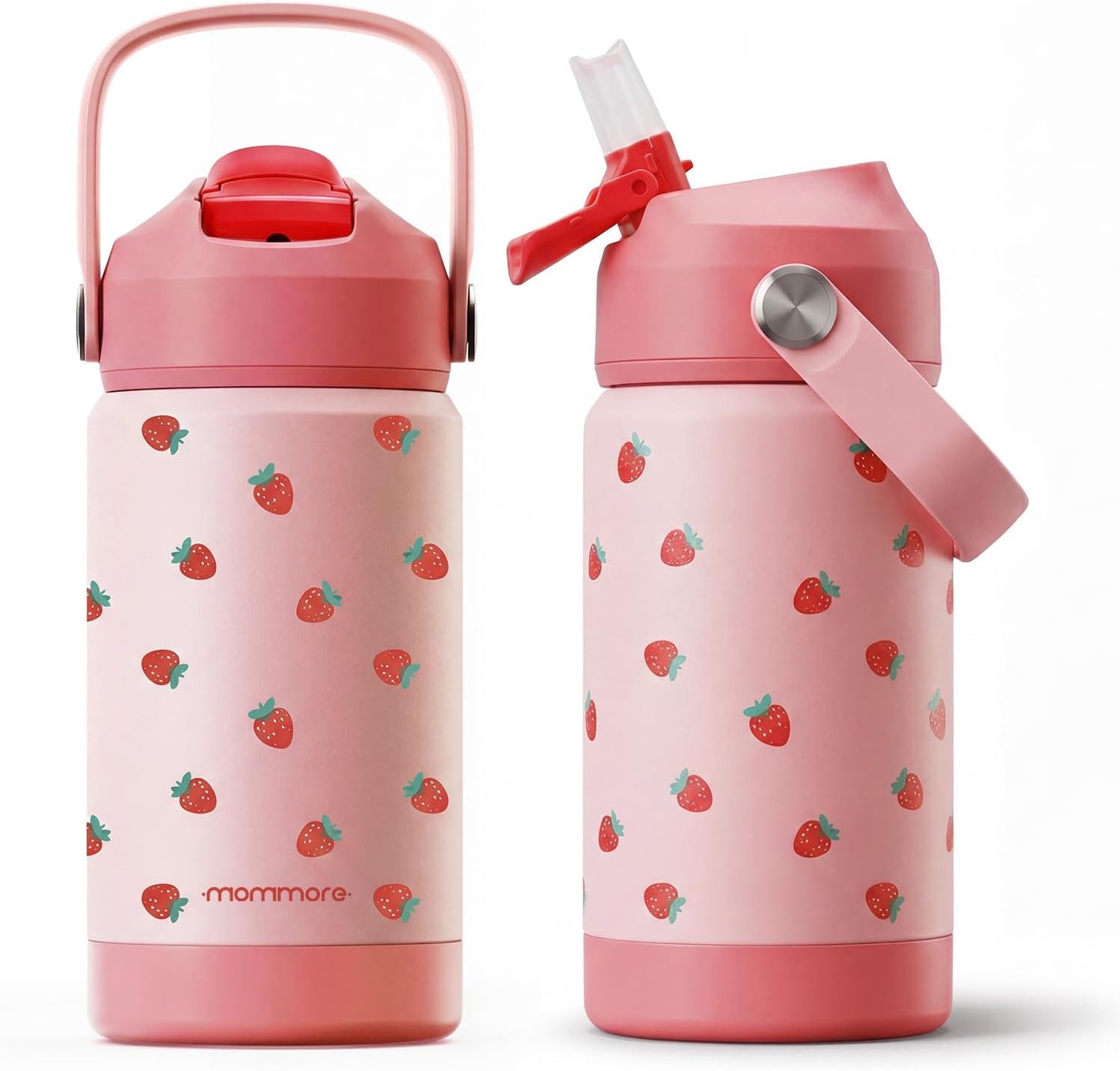 Mommore 12oz Kids Insulated Water Bottle with Straw Lid, Strawberry