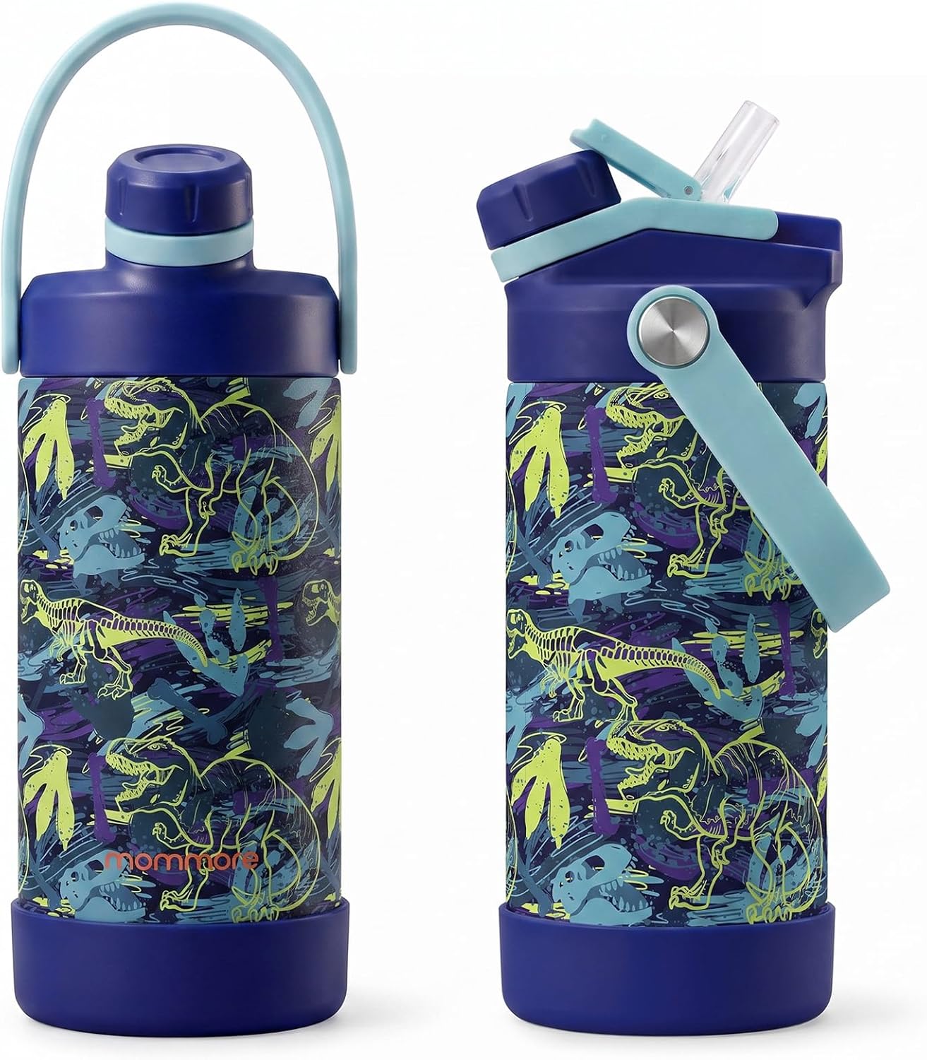 Mommore 12 oz Kids Insulated Water Bottle, 2-in-1 Chug & Straw, Space Dino Navy