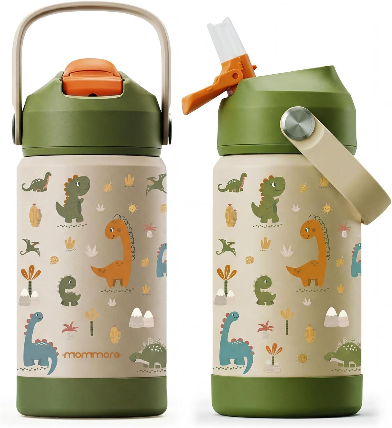 Mommore 12oz Kids Insulated Water Bottle with Straw Lid, Dinosaur