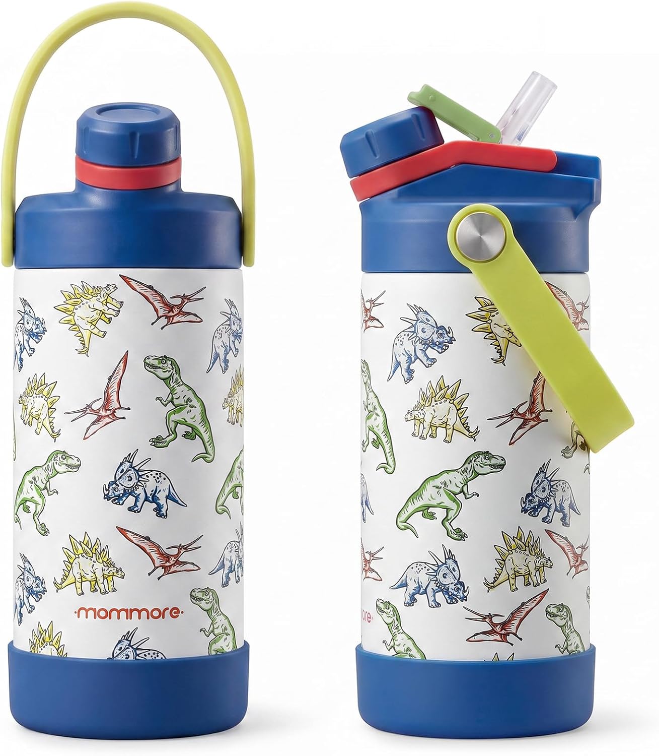 Mommore 12 oz Kids Insulated Water Bottle, 2-in-1 Chug & Straw, Dino World Steel Blue