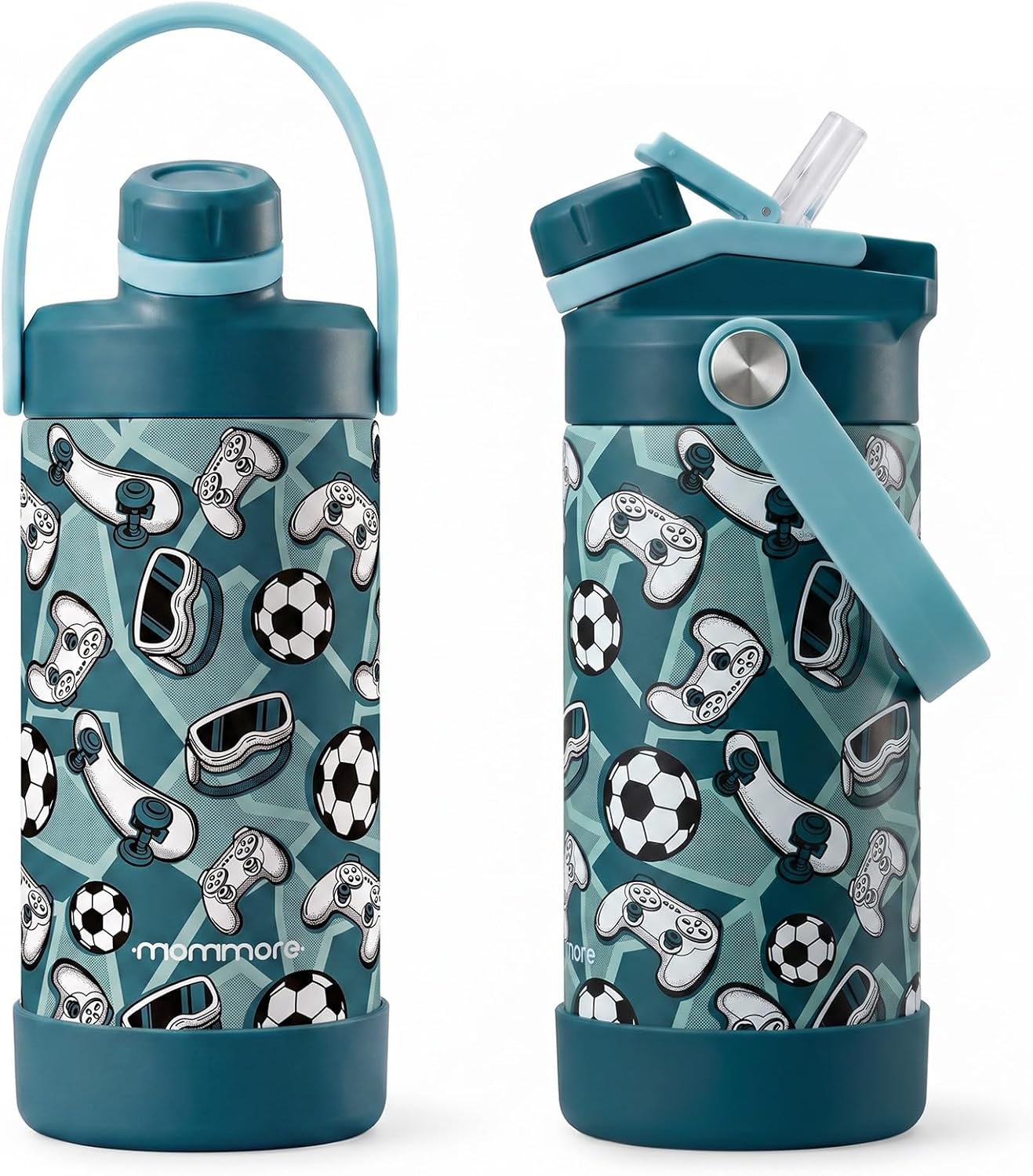 Mommore 12 oz Kids Insulated Water Bottle, 2-in-1 Chug & Straw, Soccer & Skateboard Teal