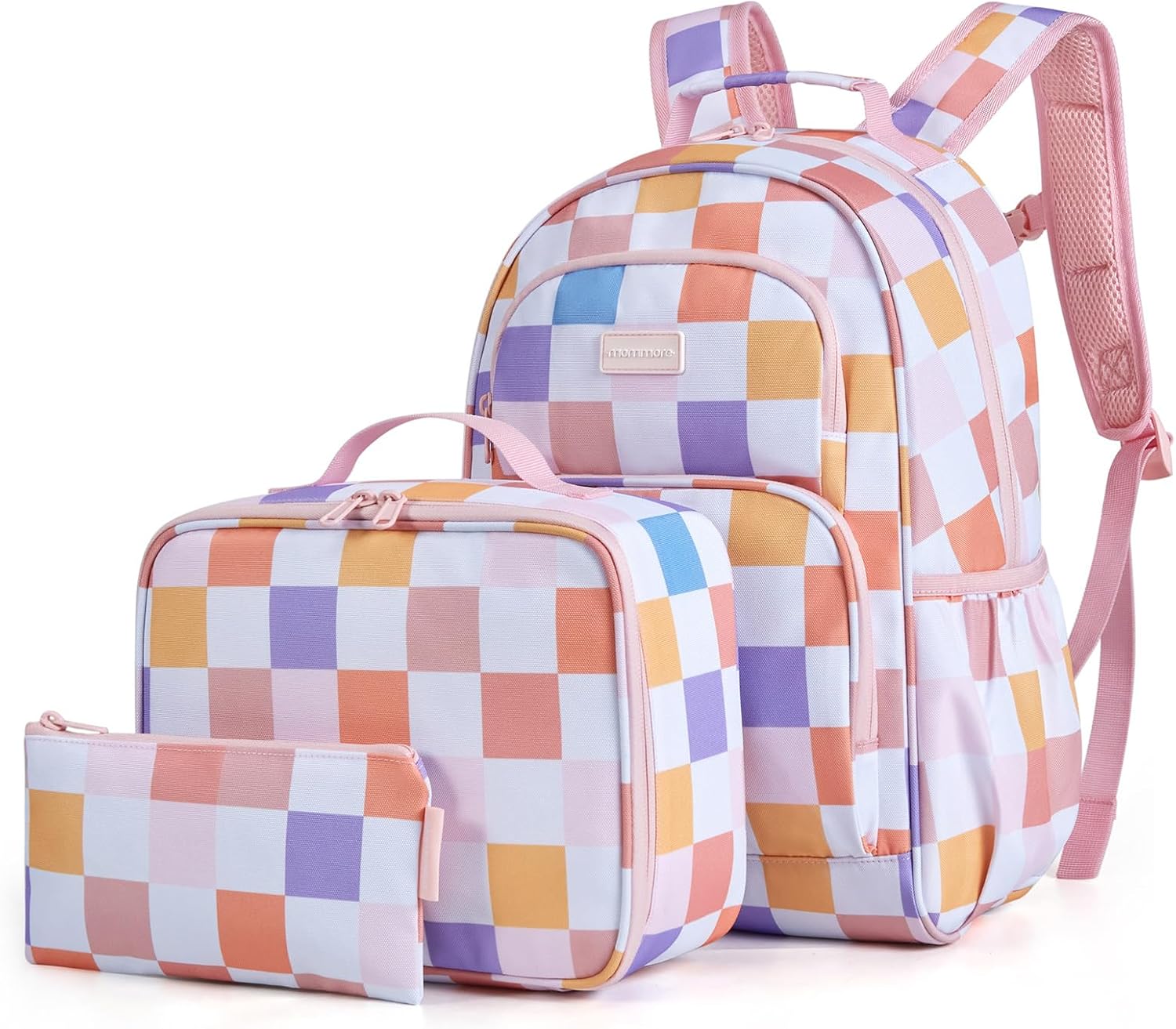 mommore Kids Backpack Set Kindergarten School Bookbag for Boys Girls 4-8 Multicolor Check Print
