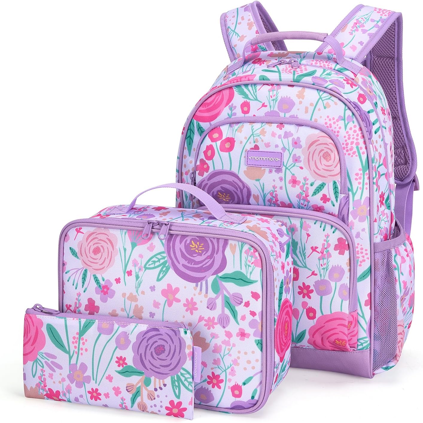 mommore Kids Backpack Set Kindergarten School Bookbag for Boys Girls 4-8 Purple Flower